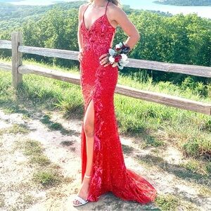 Stunning Red Sequin Prom Dress with Side Slit Size 4